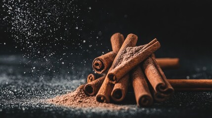 Wall Mural - Cinnamon sticks and ground spice with airborne particles on dark background for culinary and aromatic use in food photography