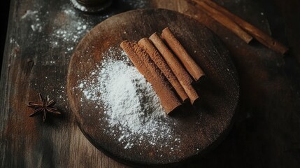 Wall Mural - Cinnamon sticks and powder arranged on a rustic wooden board with a dark background showcasing natural textures and warm tones.