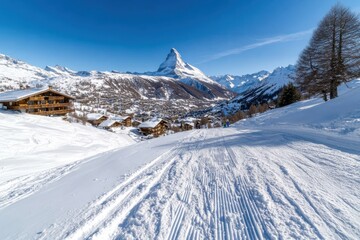 Wall Mural - This charming village scene captures the essence of a snowy winter day, featuring the majestic Matterhorn in the background and traditional chalets below.