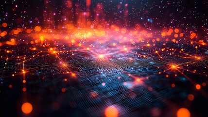Poster - futuristic quantum network visualizing colorful energy pulses bridging cityscape buildings