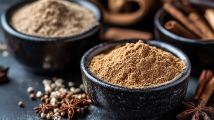 Wall Mural - Organic chai powder displayed in dark bowls surrounded by spices and cinnamon sticks highlighting its natural color and texture.