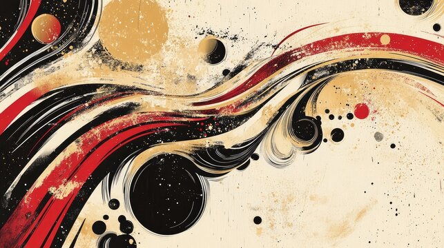 Hand-drawn abstract New Year composition with playful swirls and strokes of red and gold.