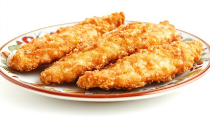 Poster - Crispy golden fried mackerel fillets served on a decorative plate against a bright white background ideal for culinary presentations