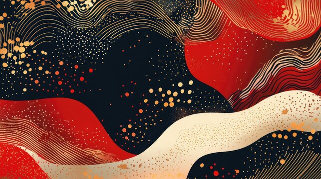 Hand-drawn abstract New Year composition with bold red patterns and glowing gold brushstrokes.