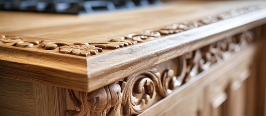 Wall Mural - Intricate oak wood kitchen furniture detail highlighting expert craftsmanship and the natural beauty of woodwork in a warm interior setting