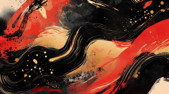 Hand-drawn abstract New Year composition with bold red patterns and glowing gold brushstrokes.