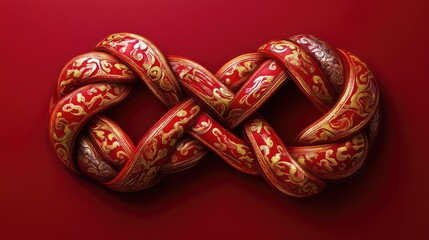 Wall Mural - Interwoven abstract Chinese knot with vibrant red and glowing gold details, symbolizing strength and unity.