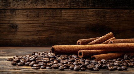 Wall Mural - Cinnamon sticks and coffee beans artfully arranged on rustic wooden surface for culinary or beverage themed imagery.