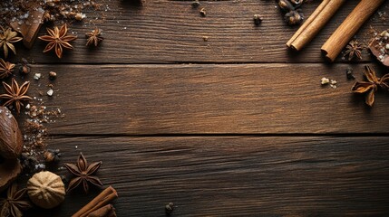 Wall Mural - Cinnamon sticks and assorted spices arranged on rustic wooden surface for culinary inspiration and flavor enhancement