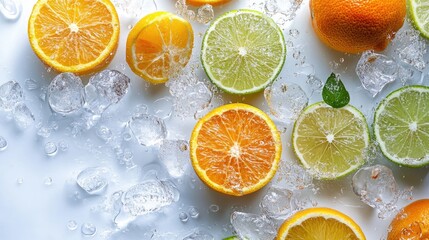 Wall Mural - Citrus Fruit Selection with Ice Cubes on White Surface Fresh and Vibrant Assortment of Oranges Limes and Lemons