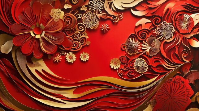 Intricate abstract paper-cutting New Year composition with swirling red designs and luminous gold accents.