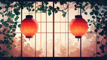 Canvas Print - Soft light filters through a window adorned with hanging lanterns and greenery at dusk