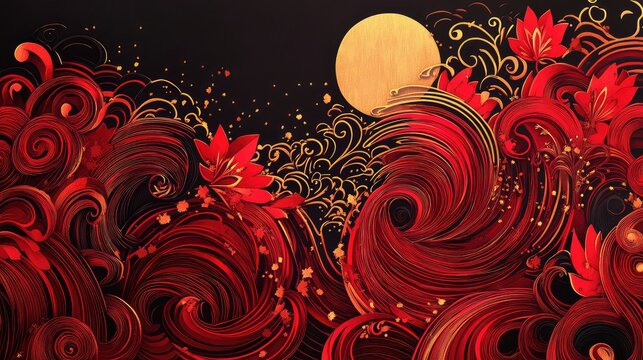 Intricate abstract paper-cutting New Year composition with swirling red designs and luminous gold accents.