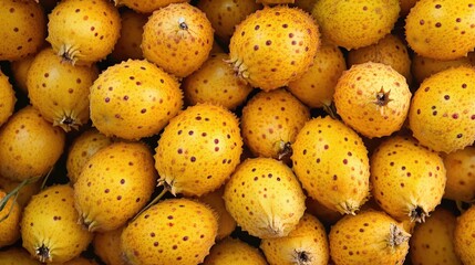 Wall Mural - Vibrant close up of fresh organic passion fruits showcasing their unique texture and color in a bountiful arrangement on display.