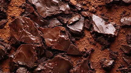 Poster - Rich chocolate brownie texture with cracked surface and cocoa powder background for dessert and baking themes.