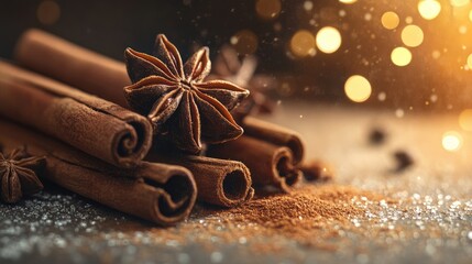 Wall Mural - Cinnamon sticks and star anise spice arranged artistically with a warm bokeh background highlighting their rich textures and colors.