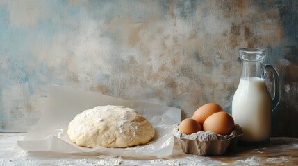 Canvas Print - Fresh raw dough on baking paper with eggs in a carton and a bottle of milk on a textured background for cooking and baking themes