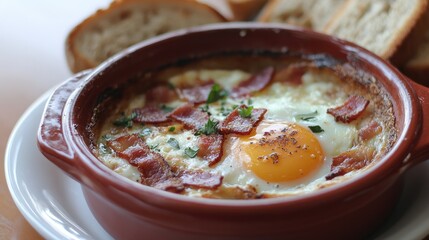 Canvas Print - Baked eggs with crispy bacon served in a dish alongside slices of wholesome toast on a rustic table setting