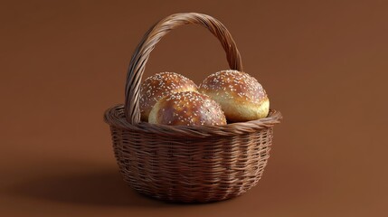 Canvas Print - Freshly baked golden bread rolls in a woven basket against a warm brown background showcasing artisanal baked goods.