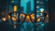 © AbstractAI - Close up of stylish eyeglass frame against blurred city lights showcasing modern eyewear fashion and design trends