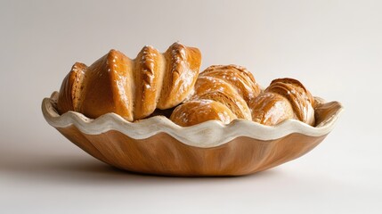 Canvas Print - Freshly Baked Pastries in a Rustic Bowl Showcasing Varied Bread Types and Textures on a Neutral Background