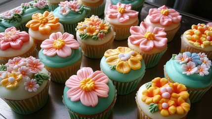 Sticker - Decorative handmade cupcakes with floral designs showcasing vibrant colors and intricate icing details perfect for baking courses and events