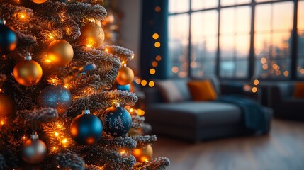 Poster - Warm holiday ambiance with a decorated Christmas tree and a cozy fireplace glowing at sunset