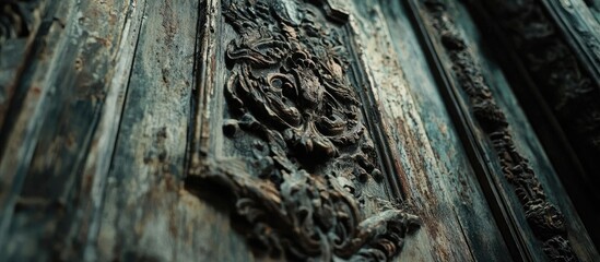 Wall Mural - Intricate close-up of a weathered wooden door highlighting its historical charm and beautifully carved textures.