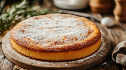 Canvas Print - Homemade round cake dusted with powdered sugar resting on a wooden board in a rustic kitchen setting