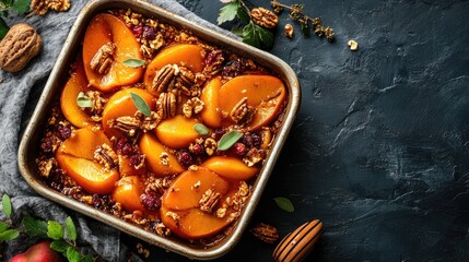 Canvas Print - Baked quince dessert with honey nuts and assorted dried fruits in a rustic dish on a dark background