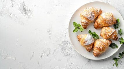 Canvas Print - Freshly baked croissants garnished with mint leaves served on a white plate against a light textured background for a delightful breakfast.