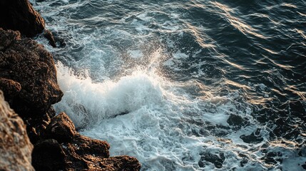 Wall Mural - waves crashing against rocky shoreline at dusk with gentle seafoam and soft light reflections on wat