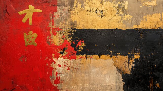 Layered abstract Chinese festive art with rich textures and vibrant red and gold accents, symbolizing harmony and joy.