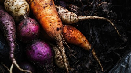 Wall Mural - Freshly harvested root vegetables showcasing earthy tones and textures on dark soil background, perfect for healthy eating concepts.