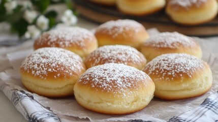 Wall Mural - freshly baked sugar-dusted doughnuts arranged on a rustic table with greenery in the background