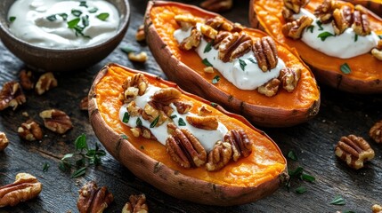 Canvas Print - Baked sweet potatoes topped with caramelized pecans and cashews served with sour cream dip on a rustic wooden table