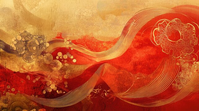 Layered abstract Chinese festive art with rich red and gold tones, symbolizing prosperity and celebration.
