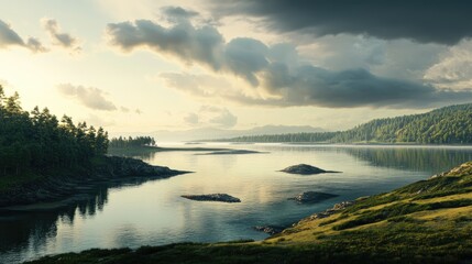 Naklejka na meble Tranquil coastline landscape with calm waters and lush greenery under a dramatic sky at dawn or dusk.