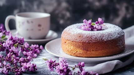 Canvas Print - Baked cake on a plate with a delicate tea cup and fresh flowers creating an inviting and cozy dessert setting