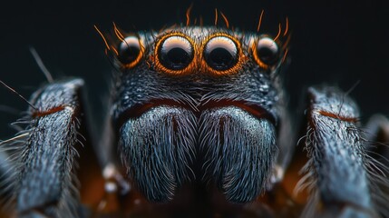 Detailed macro shot showcasing the intricate features and vibrant colors of a black widow spider against a dark background.