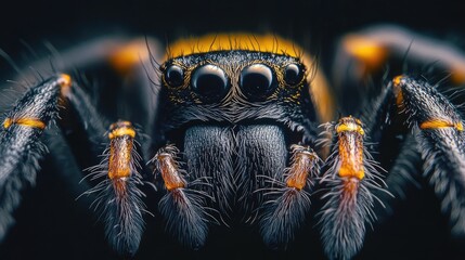 Close up macro photography of a black widow spider highlighting intricate details of eyes and fur on a dark background