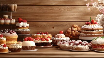 Wall Mural - Delicious assortment of baked goods on rustic wooden background featuring cakes pastries and desserts with fresh fruit toppings