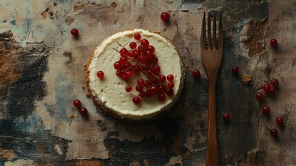 Wall Mural - Homemade baked cheesecake topped with fresh currants on rustic wooden backdrop with fork and scattered berries around