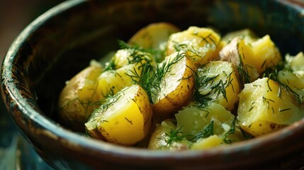 Poster - Baked potatoes topped with fresh dill garlic and butter served in a rustic bowl delicious comfort food for home cooking