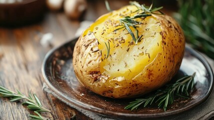 Poster - Baked potato garnished with fresh rosemary on a rustic wooden plate showcasing a cozy, home-cooked meal atmosphere