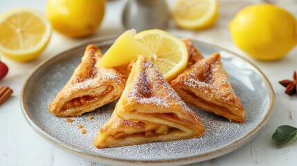 Canvas Print - Baked apple pie triangles garnished with lemon and cinnamon on a decorative plate with fresh lemon slices in a bright setting