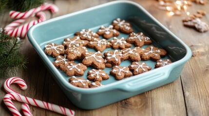 Wall Mural - Gingerbread cookies decorated with icing in a baking dish surrounded by candy canes on a rustic wooden background with festive lights