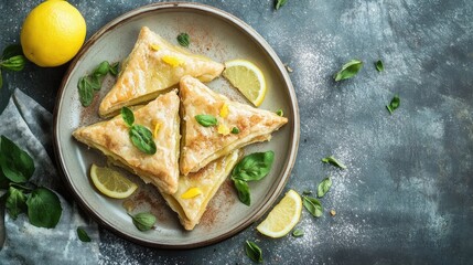 Wall Mural - Baked apple pie triangles garnished with lemon slices and fresh basil on a textured background