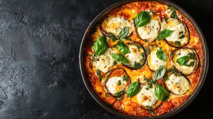 Sticker - Baked eggplants topped with mozzarella and fresh basil in a rustic baking dish against a dark background shot from above