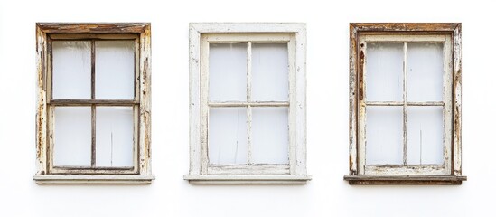 Wall Mural - Vintage house window frames arranged on a white background showcasing rustic charm and inspiring home decor ideas for interior design enthusiasts